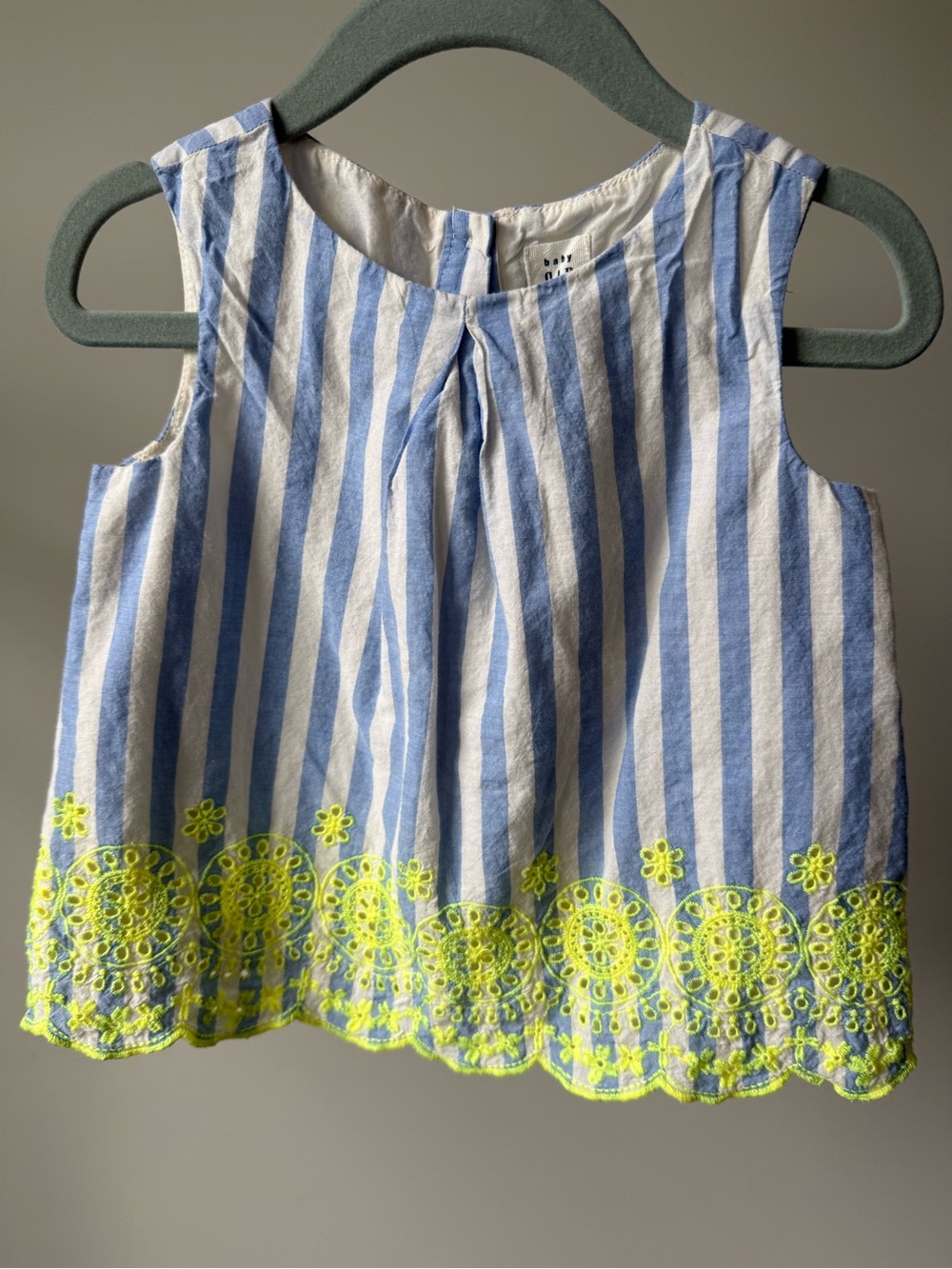 GAP Blue and White Striped Sleeveless Top with Neon Yellow Embroidery